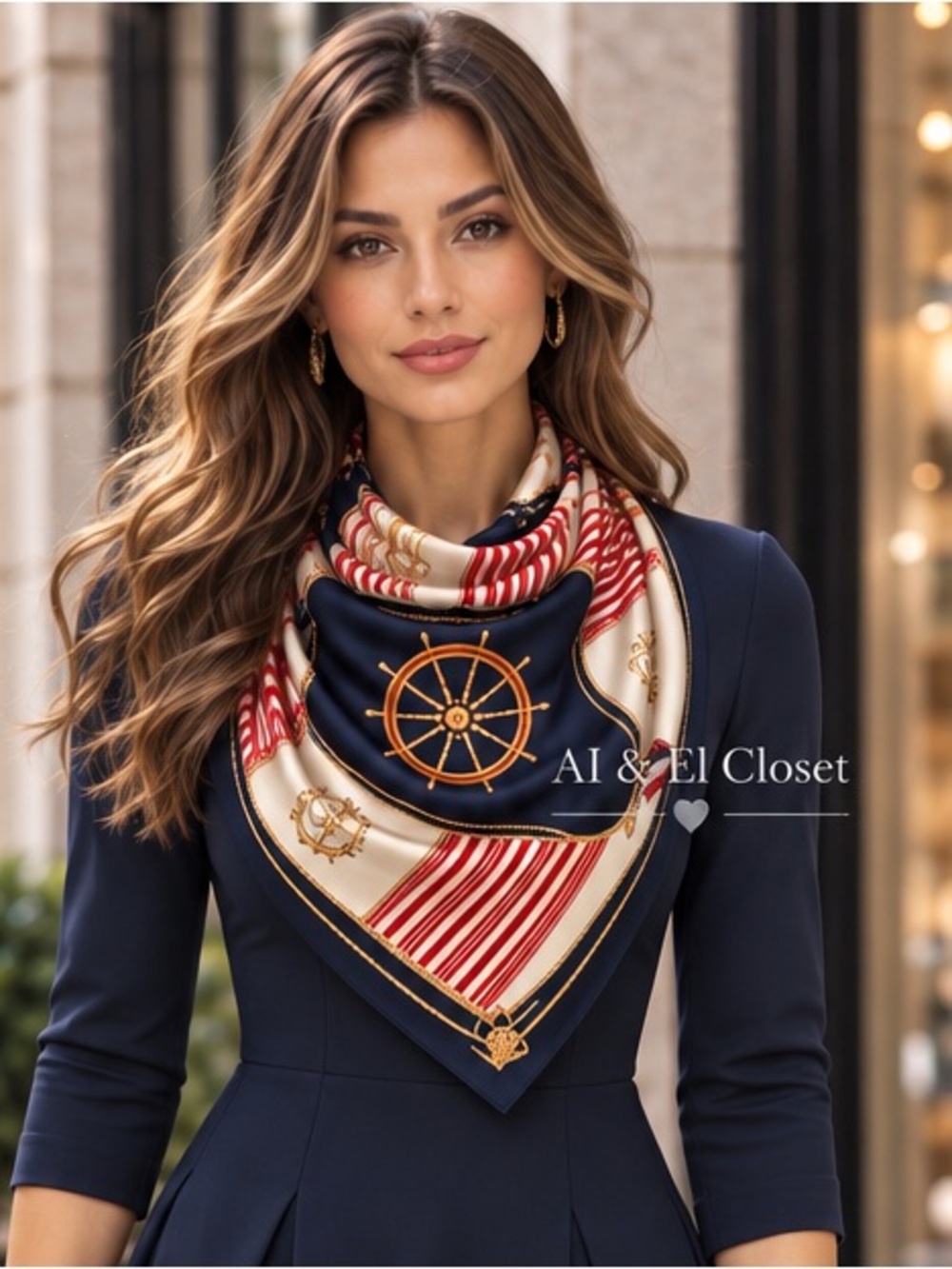 NWT Nautical Square Scarf Anchor Ship Wheel Red Navy Cream 35” Polyester